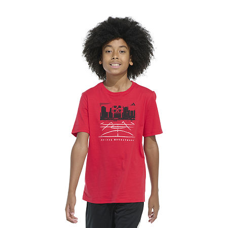 adidas Big Boys Crew Neck Short Sleeve Graphic T-Shirt, 8 Husky, Red