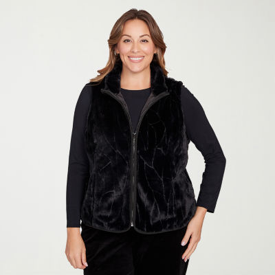Hearts Of Palm Womens Plus Lightweight Faux Fur Vest, Color: Black