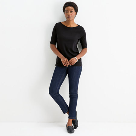 St. John's Bay Womens Boat Neck Elbow Sleeve T-Shirt, Medium, Black