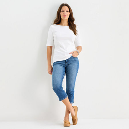 St. John's Bay Womens Boat Neck Elbow Sleeve T-Shirt, X-small, White