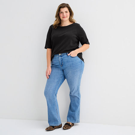 St. John's Bay Womens Plus Boat Neck 3/4 Sleeve T-Shirt, 2x, Black