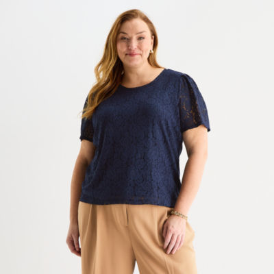 Liz Claiborne Womens Plus Crew Neck Short Sleeve Lace Blouse