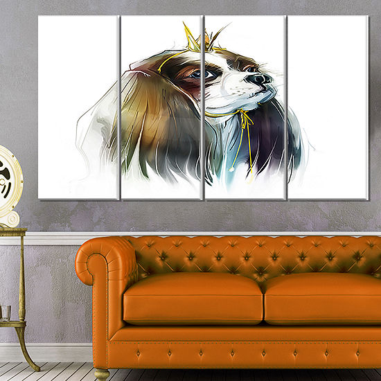 Designart Cute Little Dog In Crown Animal CanvasArt Print -4 Panels