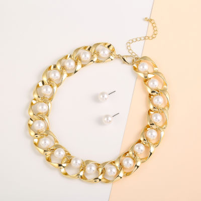 Bold Elements Gold Tone Collar Necklace & Stud Earrings 2-pc. Simulated Pearl Round Jewelry Set