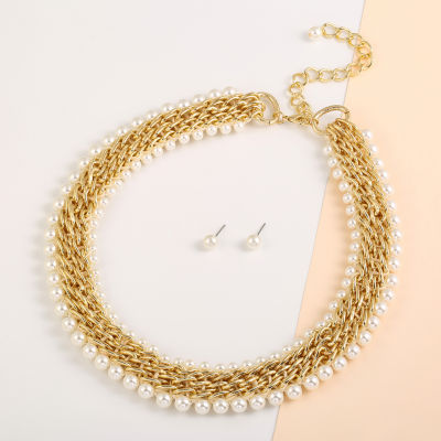 Bold Elements Gold Tone Collar Necklace And Stud Earrings 2-pc. Simulated Pearl Jewelry Set