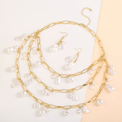 Bold Elements Gold Tone Statement Necklace & Drop Earrings Womens White Simulated Pearl Round 2-pc. Jewelry Set