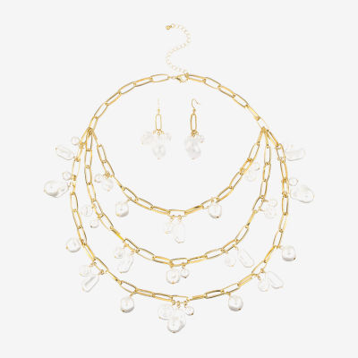 Bold Elements Gold Tone Statement Necklace & Drop Earrings Womens White Simulated Pearl Round 2-pc. Jewelry Set