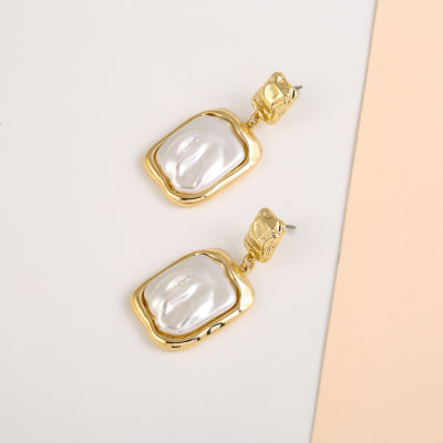 Bold Elements Gold Tone Simulated Pearl Square Drop Earrings