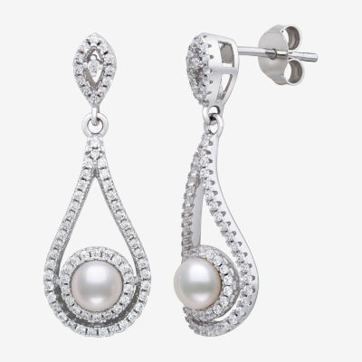Womens White Cultured Freshwater Pearl Sterling Silver Pear Drop Earrings