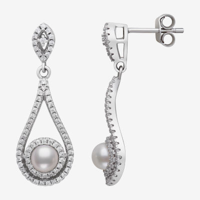 Womens White Cultured Freshwater Pearl Sterling Silver Pear Drop Earrings