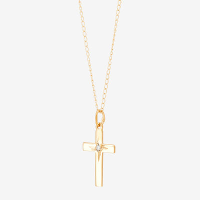 Girls White Diamond 14K Gold Cross Pendant Necklace