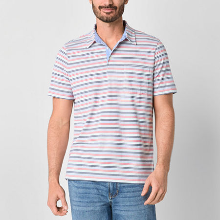 St. John's Bay Striped Sueded Jersey Mens Classic Fit Short Sleeve Pocket Polo Shirt, Medium, Red