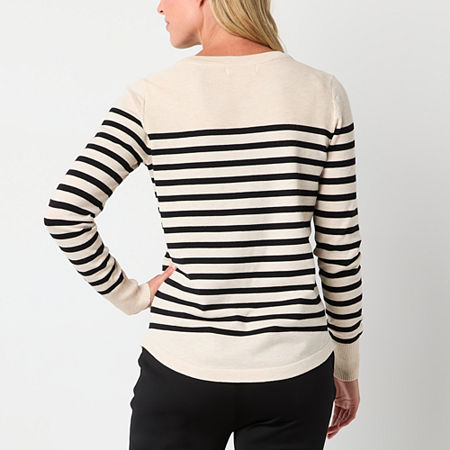 Liz Claiborne Womens Crew Neck Long Sleeve Striped Pullover Sweater, Petite Small, Beige