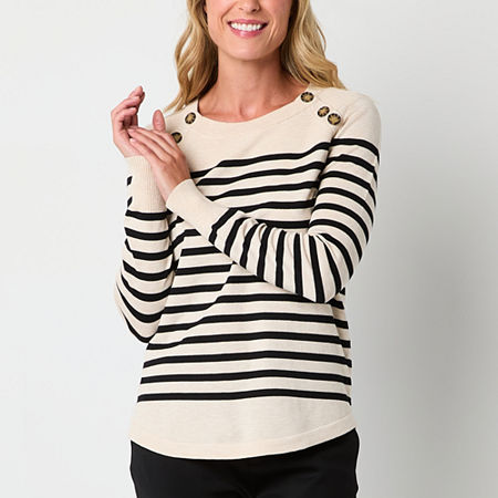 Liz Claiborne Womens Crew Neck Long Sleeve Striped Pullover Sweater, Petite Small, Beige