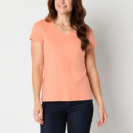 St. John's Bay Womens V Neck Short Sleeve T-Shirt, Petite Xx-large, Orange