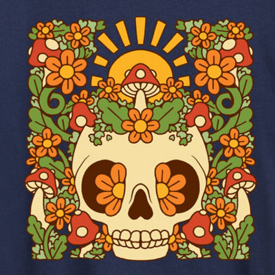 Floral Skull Womens Crew Neck Short Sleeve Regular Fit Graphic T-Shirt