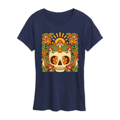 Floral Skull Womens Crew Neck Short Sleeve Regular Fit Graphic T-Shirt