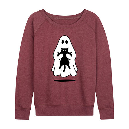 Ghost Holding Black Cat Womens Round Neck Long Sleeve Regular Fit Graphic T-Shirt, Small, Red