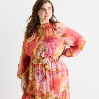 Melonie T Womens Plus Long Sleeve Floral Maxi Dress, Color: Pink