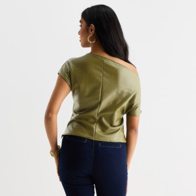 Bold Elements Womens Asymmetrical Neck Short Sleeve Blouse