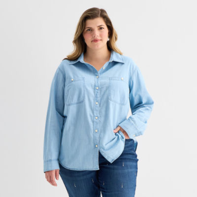 St. John's Bay Womens Plus Roll Tab Long Sleeve Regular Fit Button-Down Shirt