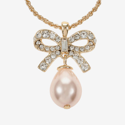 Monet Jewelry Gold Tone Womens Glass Simulated Pearl Bow 17 Inch Pendant Necklace