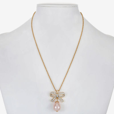Monet Jewelry Gold Tone Womens Glass Simulated Pearl Bow 17 Inch Pendant Necklace