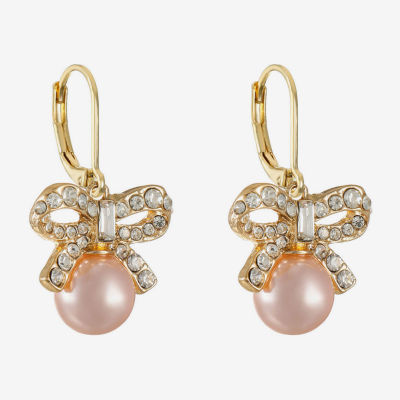 Monet Jewelry Gold Tone Womens Glass Simulated Pearl Bow Drop Earrings