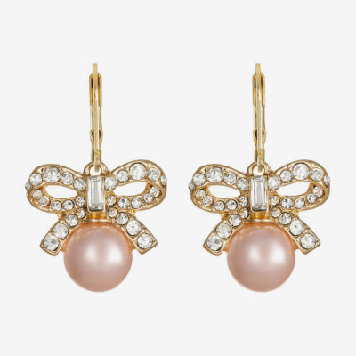 Monet Jewelry Gold Tone Womens Glass Simulated Pearl Bow Drop Earrings