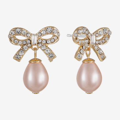 Monet Jewelry Gold Tone Womens Glass Simulated Pearl Bow Hypoallergenic Drop Earrings