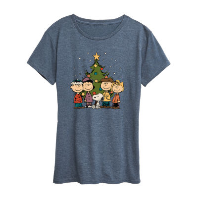 Peanuts Christmas Group Womens Crew Neck Short Sleeve Regular Fit Peanuts Graphic T-Shirt