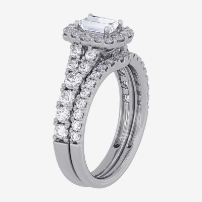 Signature By Modern Bride (H-I / Si1-Si2) Womens 1 1/ CT. T.W. Lab Grown White Diamond 10K Gold Side Stone Halo Bridal Set
