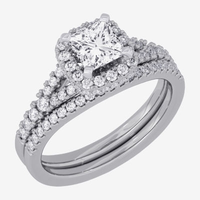 (H-I / Si1-Si2) Womens 1 1/2 CT. T.W. Lab Grown White Diamond 10K White Gold Cushion Side Stone Halo Bridal Set