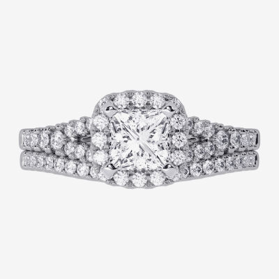 (H-I / Si1-Si2) Womens 1 1/2 CT. T.W. Lab Grown White Diamond 10K White Gold Cushion Side Stone Halo Bridal Set