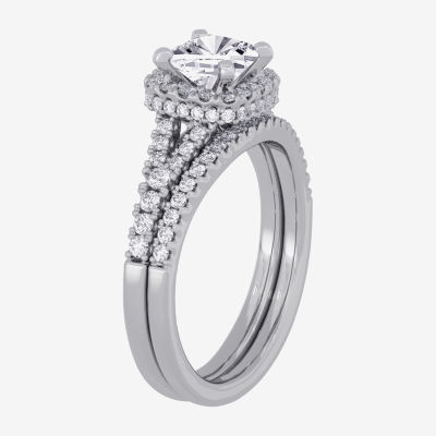 (H-I / Si1-Si2) Womens 1 1/2 CT. T.W. Lab Grown White Diamond 10K White Gold Cushion Side Stone Halo Bridal Set