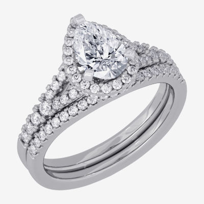 Signature By Modern Bride (H-I / Si1-Si2) Womens 1 1/2 CT. T.W. Lab Grown White Diamond 10K White Gold Pear Side Stone Halo Bridal Set