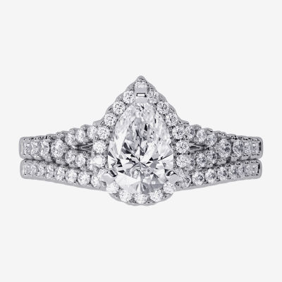 Signature By Modern Bride (H-I / Si1-Si2) Womens 1 1/2 CT. T.W. Lab Grown White Diamond 10K White Gold Pear Side Stone Halo Bridal Set