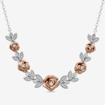 Enchanted Disney Fine Jewelry Womens 1/5 CT. T.W. Mined White Diamond 14K Rose Gold Over Silver Sterling Silver Flower Beauty and the Beast Belle Princess Pendant Necklace