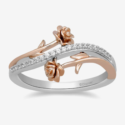 Enchanted Disney Fine Jewelry 1/10 CT. T.W. Mined White Diamond 14K Rose Gold Over Silver Sterling Silver Flower Beauty and the Beast Belle Princess Band