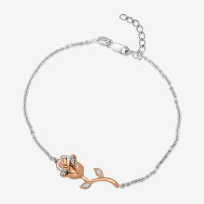 Enchanted Disney Fine Jewelry 14K Rose Gold Over Silver Sterling Silver 7 Inch Flower Beauty and the Beast Belle Princess Chain Bracelet