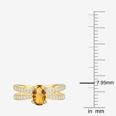 Womens Genuine Yellow Citrine 14K Gold Over Silver Oval Side Stone Cocktail Ring