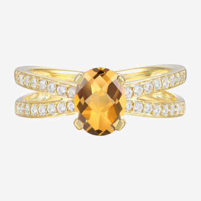 Womens Genuine Yellow Citrine 14K Gold Over Silver Oval Side Stone Cocktail Ring