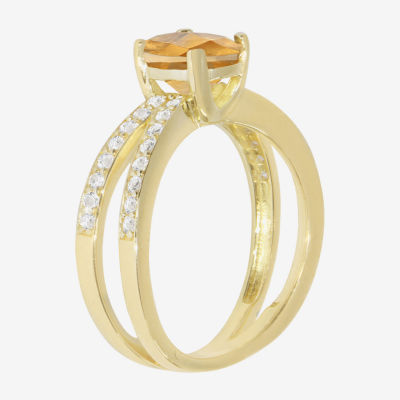 Womens Genuine Yellow Citrine 14K Gold Over Silver Oval Side Stone Cocktail Ring