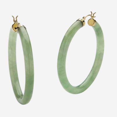 Genuine Green Jade 10K Gold 45mm Hoop Earrings