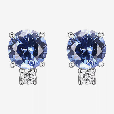 Lab Grown Blue Sapphire & 1/10 CT. T.W. Lab Grown White Diamond Sterling Silver 8.5mm Stud Earrings