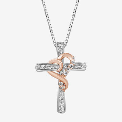 Hallmark Diamonds Womens 1/2 CT. T.W. Natural White Diamond 14K Rose Gold Over Silver Sterling Silver Cross Pendant Necklace