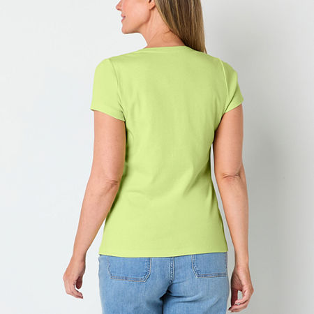 St. John's Bay Womens V Neck Short Sleeve T-Shirt, Petite Large, Green