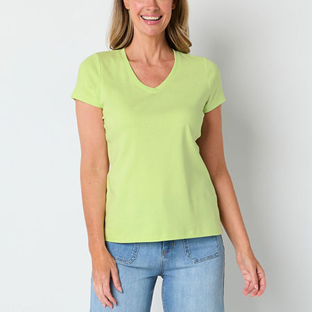 St. John's Bay Womens V Neck Short Sleeve T-Shirt, Petite Large, Green