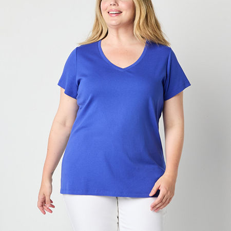 St. John's Bay Womens Plus V Neck Short Sleeve T-Shirt, 1x, Blue