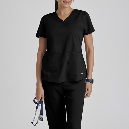 Grey's Anatomy By Barco Classic 71166 Aubrey 2-Pocket Womens V Neck Tag Free Short Sleeve Scrub Top, Small, Black